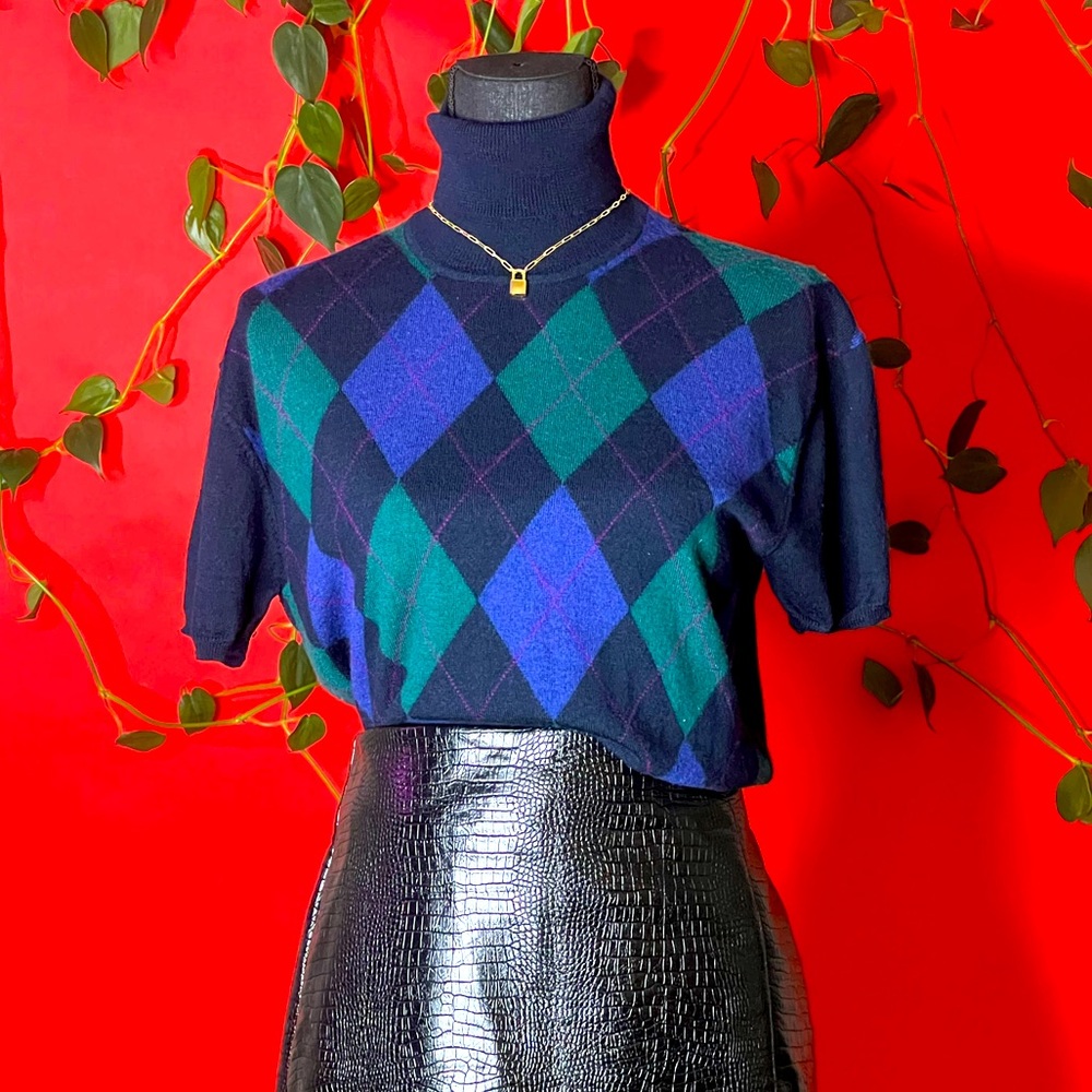 JONES NEW YORK Preppy Blue/Green/Pink Diamond Check Turtleneck Wool Sweater SZXL